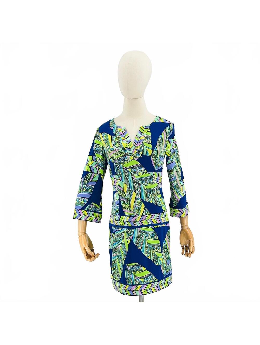 Trina Turk Blue Green Psychedelic Print Split Neck Dress